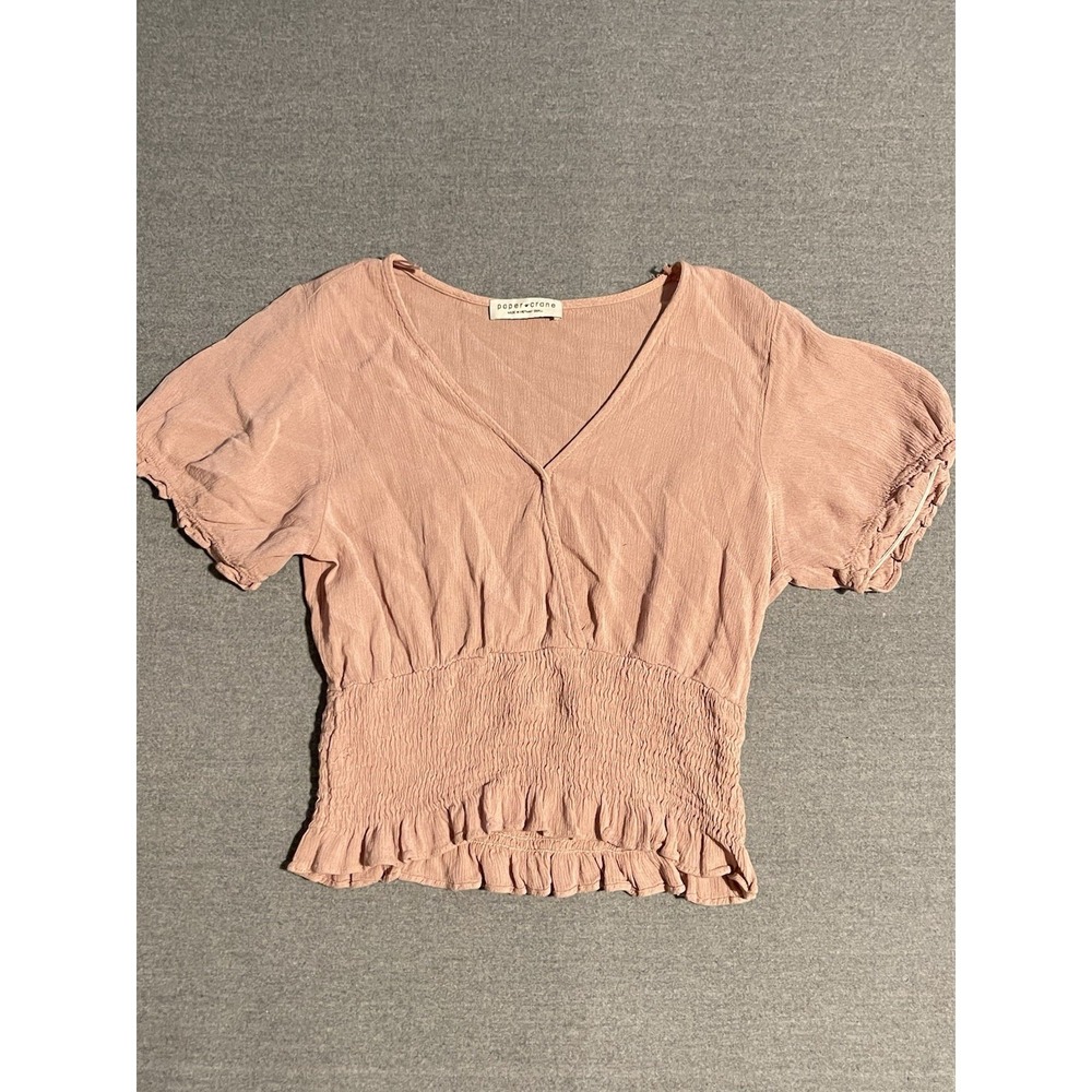 Paper Crane Peach Smocked Waist Blouse Short Sleeve V Neck Flowy Feminine Top